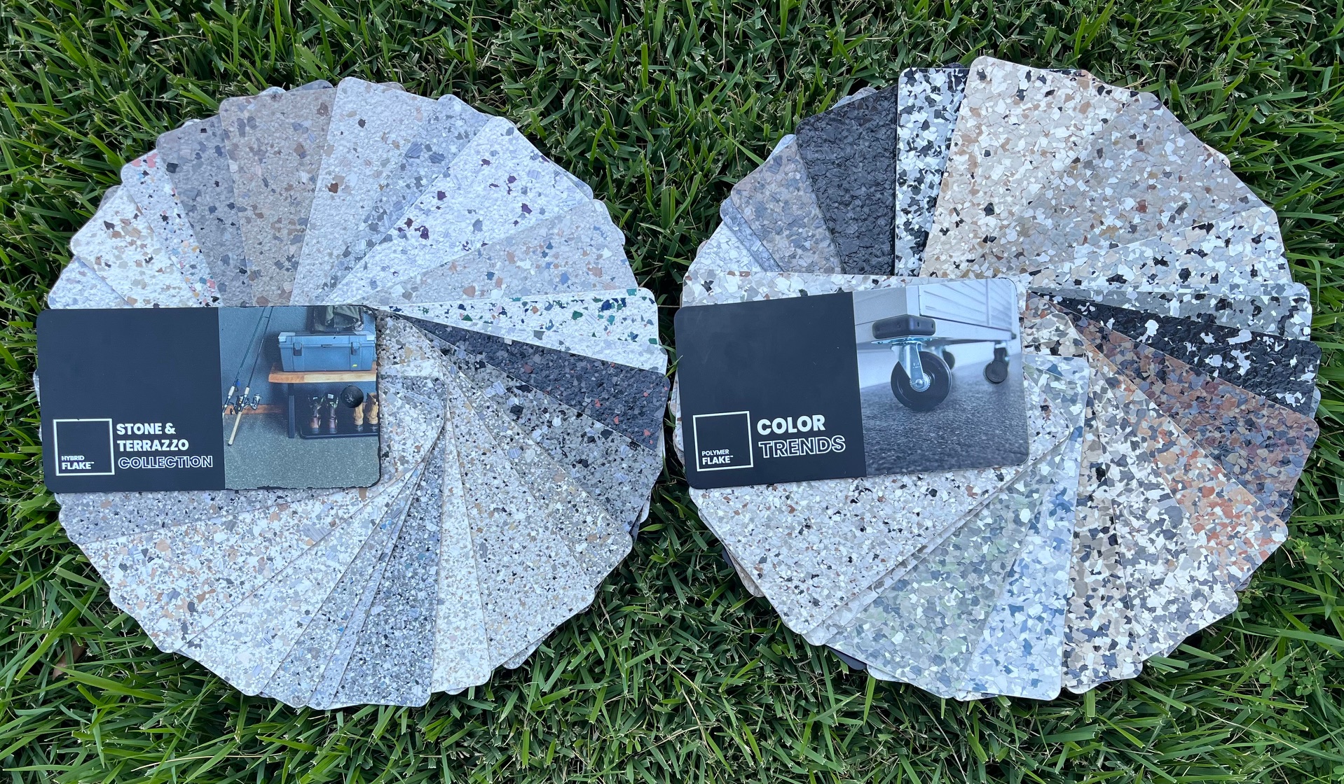Two separate pinwheels showcasing various epoxy flake finish colors